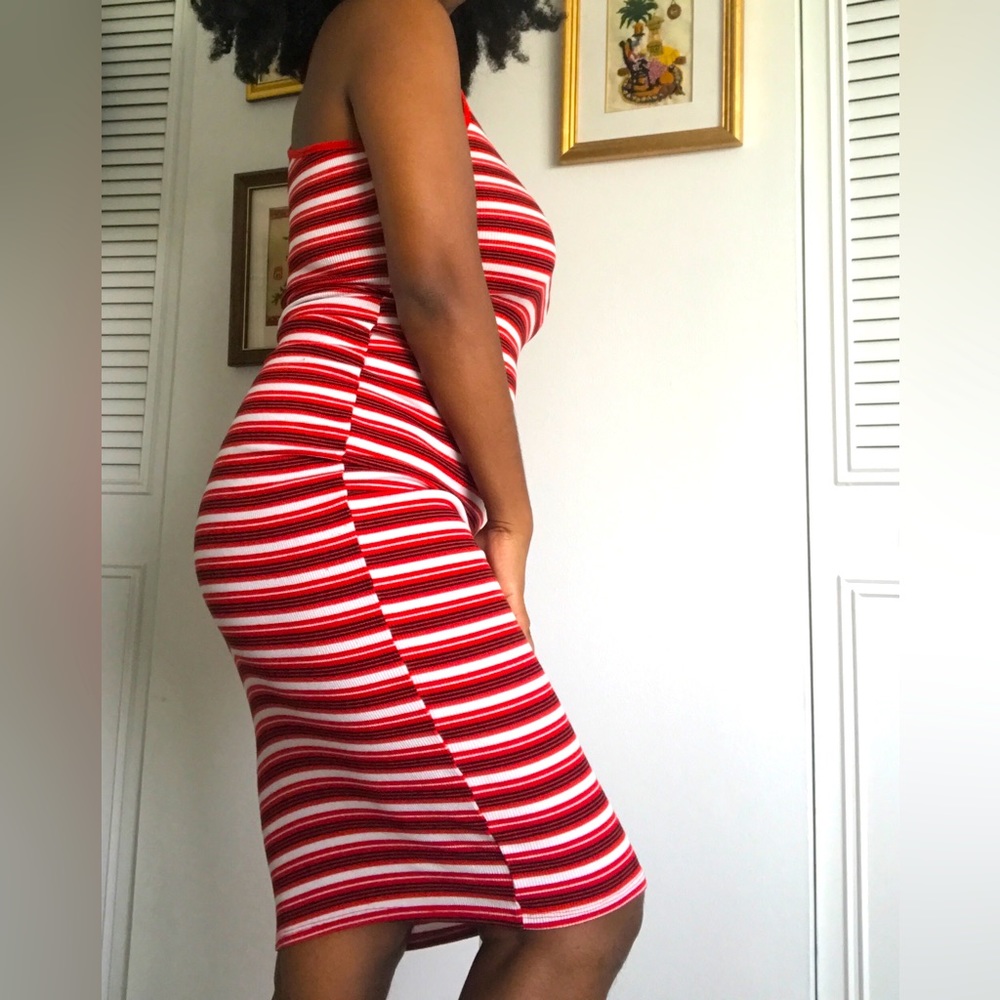 Body con dress, red, white, and black stripes size M, racer back